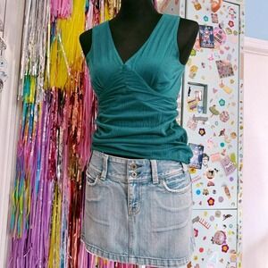 Vintage Y2K 2000s sparkly teal ruched v neck tamp top with tie